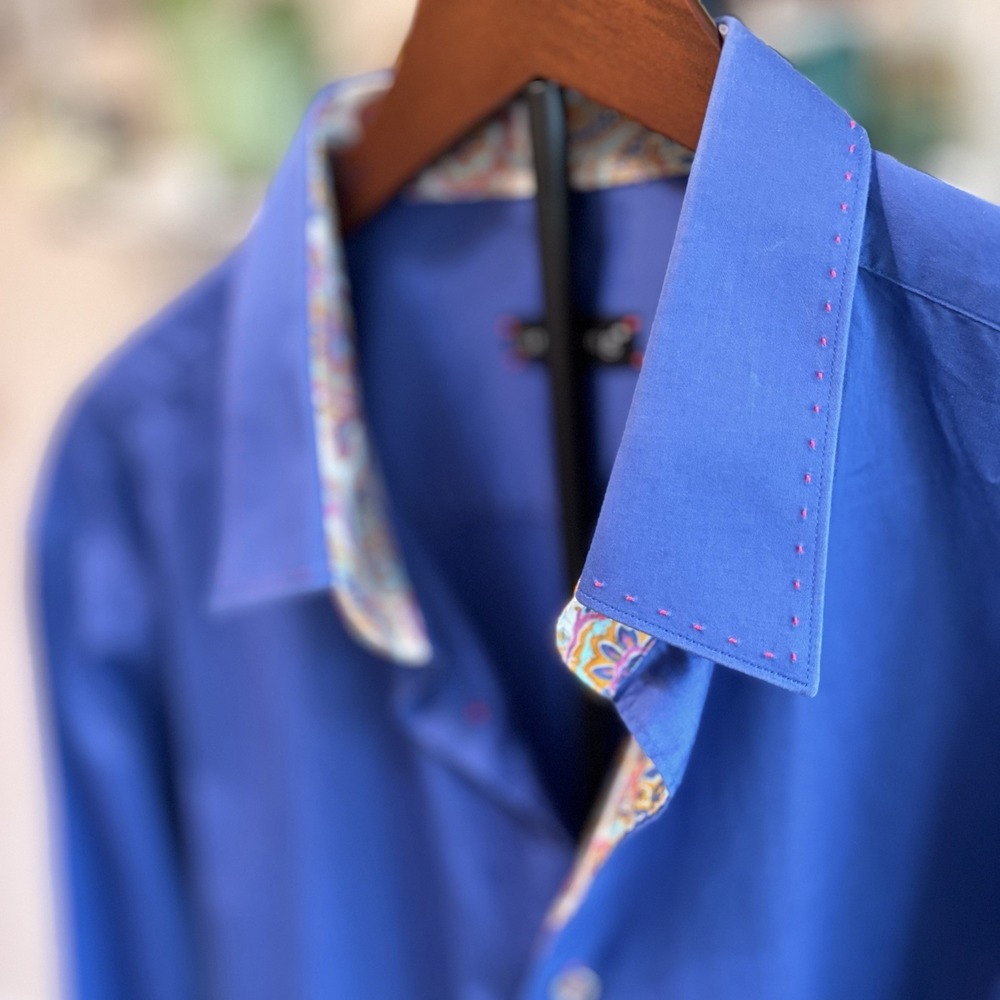 Jared Lang Mens Button‎ Down Shirt XL Blue Paisley Trim Long Sleeve Cobalt